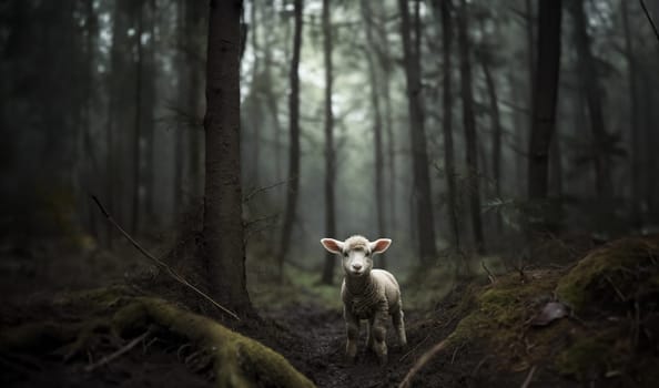Lost little lamb in the forest at night. Lamb of God. Little lamb standing in the mud in the the forest.