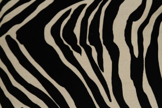 Closeup of zebra patterned pillow against black blanket over brocade background