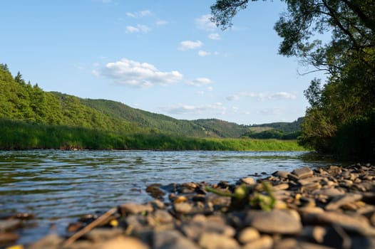 The Eder - A river in Germany in a green landscape with a blurred foreground
