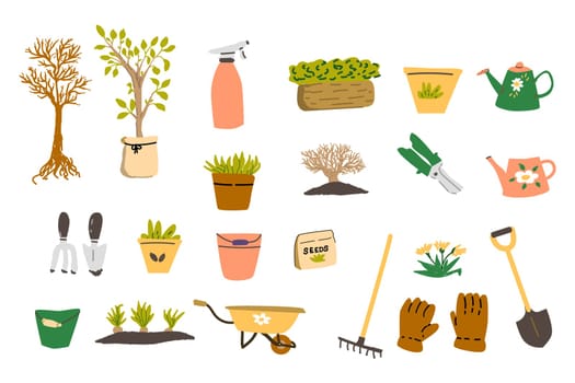 big set of spring gardening tools and tree, plant in box, pot. Vector illustration isolated. Gardening buckets, pots, wheelbarrow, seedling.
