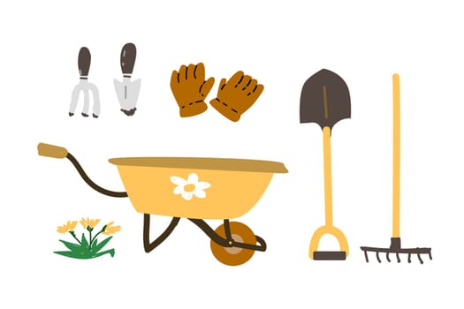 different gardening tools and supplies set. Vector illustration of garden fork and shovel, wheelbarrow - farming equipment and plant.