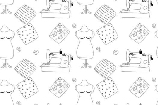 seamless pattern with different sewing equipment. Vector illustration isolated, outline. Sewing machine, mannequin, cloth, pins - outline doodle background.