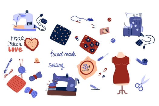 big set of sewing equipment icons isolated. Vector illustration in Hand drawn doodle cartoon style. Can used for sewing business banner, card, flyer, greeting card, sewing label.