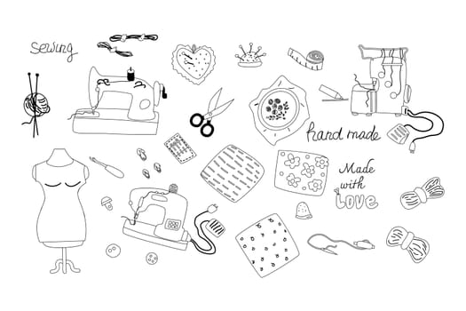 big set of sewing equipment and supplies outline in doodle style. Vector illustration isolated. Sewing machines, overlock, knitting equipment - Handcrafts icons.