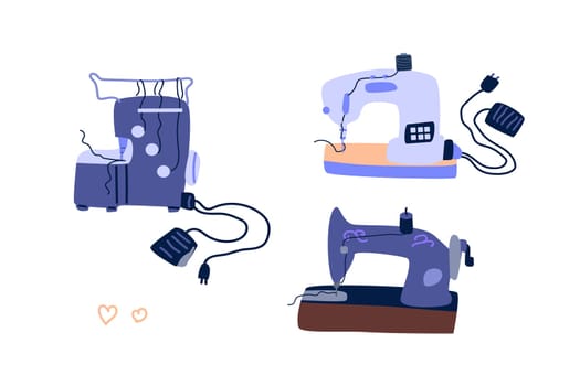 Hand drawn sewing machine and overlocker icons. Vector illustration on white background. Blue sewing equipment in hand drawn cartoon style. Needlework concept.
