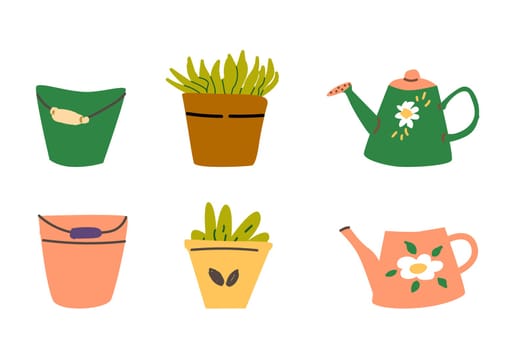 set of garden buckets and plant pots, watering can. Vector illustration isolated. Can used for stikers, gardening banner, cards, cute posters and labels.