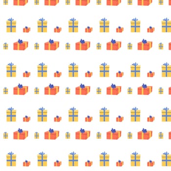 cartoon gift box seamless pattern isolated. Vector illustration with red and yellow box with blue bow. Hand drawn background for wrapping paper.