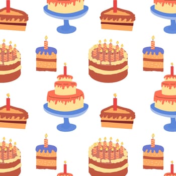 cartoon cakes desserts seamless pattern. Vector illustration on white background. Big cake on blue plate.