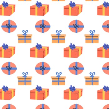Holiday pink and peach presents seamless pattern. Gift giving season illustration. Vector Holiday celebration seamless texture for gifts wrapping paper, packaging, backgrounds. Vector illustration