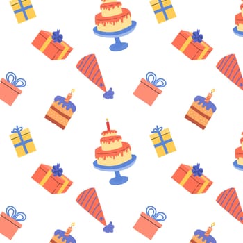 birthday anniversary seamless background with cake and box, birthday hats. Vector illustration isolated.