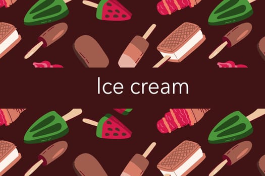 ice cream cartoon background - cover template. Vector illustration isolated. Can used for ice cream cover, wrapping paper template, cartoon ice cream banner on brown background.