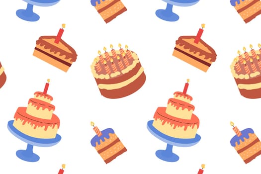 cartoon cakes celebration seamless pattern. Vector illustration on white background.