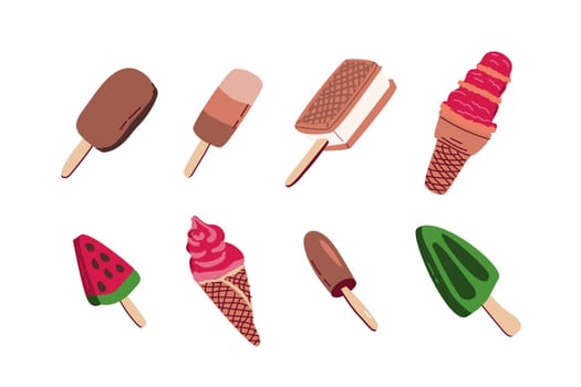 set of 8 ice cream icons isolated in cartoon style. Vector illustration of waffle chocolate ice cream, gelato, ice cream on sticks with different various tasty.