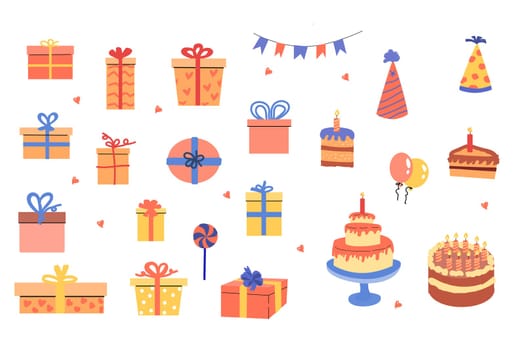 anniversary and holiday set of box, cake and balls. Vector illustration isolated