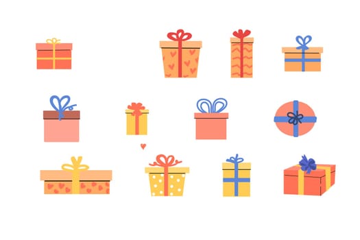 set of Hand drawn presents in pink and peach, yellow colors. Vector illustration isolated. Top above, top view.