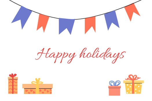 Happy holidays banner template with cartoon box. Vector illustration