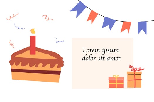 cartoon cake pie with candle - banner or card . Vector illustration of confetti, cake, boxes. Celebration banner.
