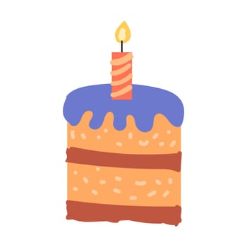 Hand drawn cartoon peach cake with cream and candle. Vector illustration isolated. Can used for poster, greeting card, label.