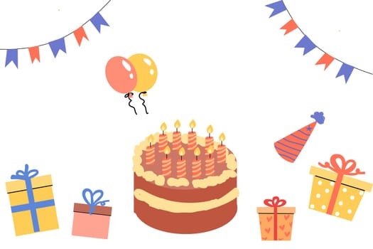 celebration banner with cake, box and copy space. Vector illustration isolated.