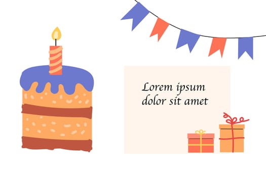 cartoon cake banner for birthday banner in pink and blue colors. Vector illustration of check boxes, cake and presents.