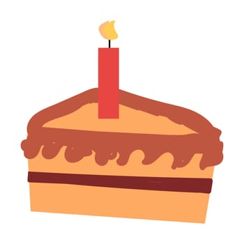 Hand drawn cartoon peach cake with cream and candles. Vector illustration isolated.