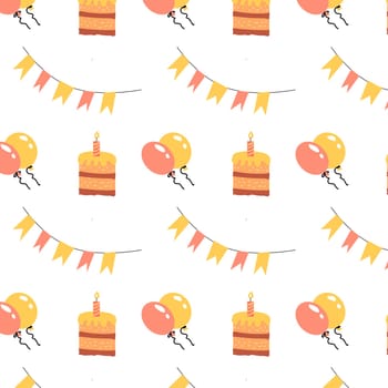 birthday seamless background with cartoon cake, baloon, flags. Vector illustration