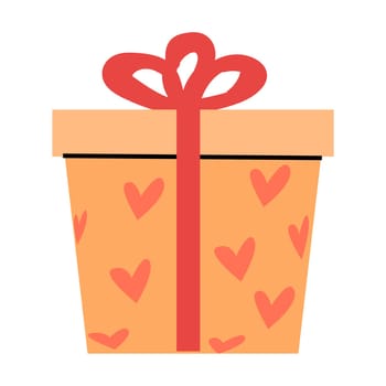 peach box with hearth pattern and red bow. Vector illustration isolated. Hand drawn style. Can used for wrapping paper, greeting card, celebration banner, poster, scrapping.