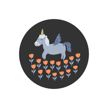 cute unicorn round background isolated. Vector illustration with flower and horse.
