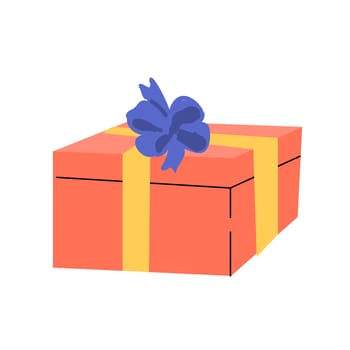Pink box with blue bow in cartoon style. Vector illustration isolated, can used for greeting card, sale banner, poster.