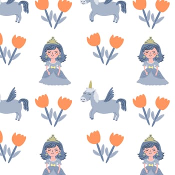 cute fairy small princess and flower seamless pattern isolated. Vector illustration can used for greeting card, childish celebration card, wallpapers.