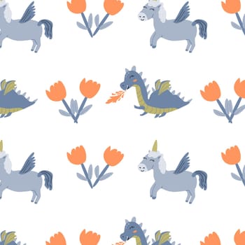 cute fairy characters dragon and unicorn with flower seamless pattern isolated. Vector illustration can used for greeting card, childish celebration card, wallpapers.