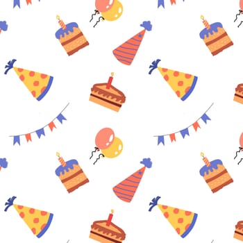 birthday anniversary seamless background with birthday hat and cakes. Vector illustration