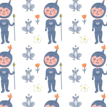 cute fairy characters seamless pattern knight and frog isolated. Vector illustration can used for greeting card, childish celebration card, wallpapers.