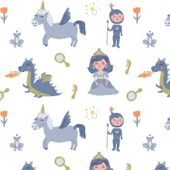 cute fairy characters seamless pattern isolated. Vector illustration of princess, knights, unicorn and dragon. can used for greeting card, childish celebration card, wallpapers.