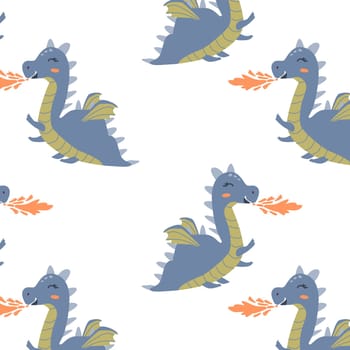 seamless pattern with cartoon fairy dragon. Vector illustration of dragon flame spewing, Can used for baby background, textile, wrapping.
