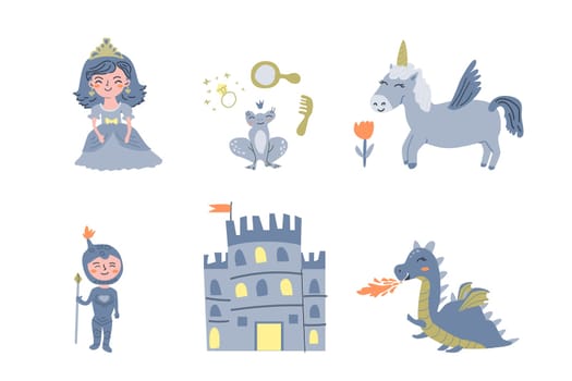 set of fairy cartoon characters princess, knight, animals. Vector illustration isolated. Can used for kids print, pattern, background, wallpaper.