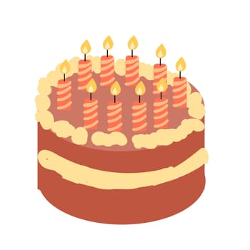 Hand drawn cartoon cake with cream and candles. Vector illustration isolated.