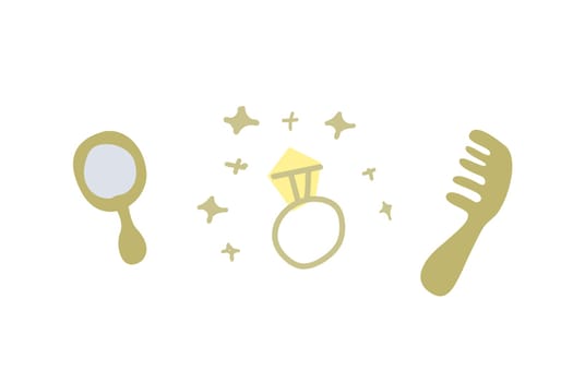comb and mirror, ring cartoon design elements of princess, girl or doll. Vector illustration isolated.