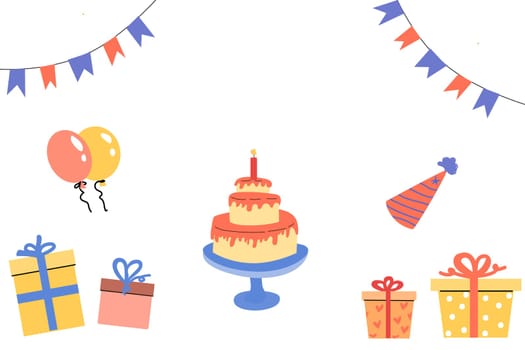 cartoon banner for anniversary holiday with box and cake. Vector illustration isolated.