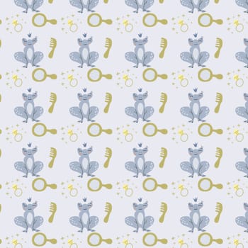 cute fairy small frog princess and accessories seamless pattern on grey background.