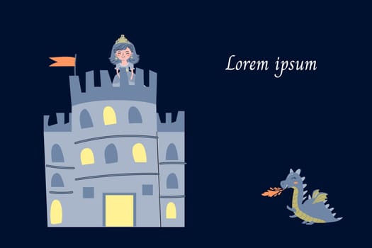 cute fairy tail dragon and castle invitation banner. Vector illustration on dark blue background.