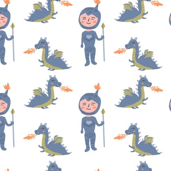 seamless background with boy knight and dragon. Vector illustration isolated.