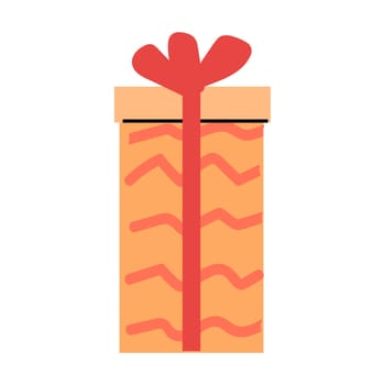 peach box with stripe pattern and red bow. Vector illustration isolated. Hand drawn style. Can used for wrapping paper, greeting card, celebration banner, poster, scrapping.