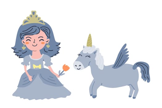 cute princess and unicorn fairy animal. Vector illustration suitable for greeting card, postcard, banner.