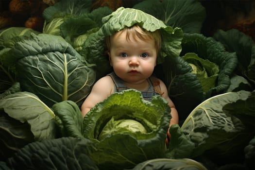 little kid in cabbage. Baby standing in green cabbage in the garden