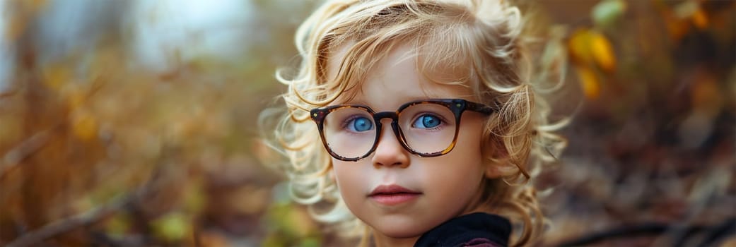 portrait of a six-year-old child with blond hair and bright blue eyes wearing glasses, looking at the camera, copy space.the concept of caring for children's health and vision