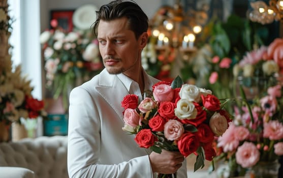 young man in a white suit holding a bouquet of roses on a blurred background of a flower shop, concept for a holiday or special event
