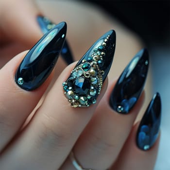 Close-up of exquisite luxury nail designs, nail extensions, rhinestone designs and designs