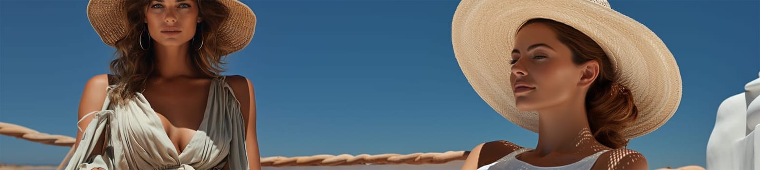 Beautiful spectacular young women in light dresses and hats relax against the background of a bright blue sky on a sunny day. travel and vacation concept .banner