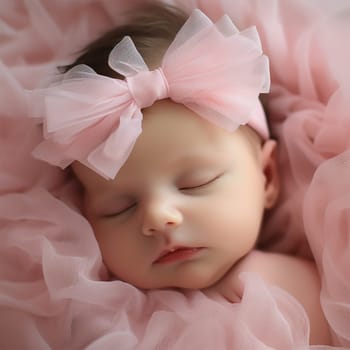Newborn baby in a pink bandage with a bow and tulle. Close-up portrait of a child. Newborn baby lifestyle concept